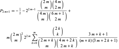 P_(2m+1)=-1/2-2^(2m-1)((2m; m)(4m; 2m))/((4m; m)(6m+1; 2m))+m(2m; m)^22^(2m)sum_(k=0)^(m)((2k; k))/((2m+k; m)(4m+2k; 2m+k))(3m+k+1)/((m+k)(3m+2k+1)) 