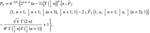  P_n=pi^(-3/2){2^(2n-5)(n-1)[Gamma(1/2n)]^4[n_3F^~_2(1,n+1,1/2n+1;1/2(n+3),3/2n+1;1)-2_3F^~_2(1,n,1/2n+1;3/2n,1/2(n+3);1)] 
-(sqrt(pi)Gamma(2n))/(4^nGamma(3/2n)Gamma(1/2(n+1)))+1},  