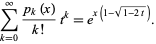  sum_(k=0)^infty(p_k(x))/(k!)t^k=e^(x(1-sqrt(1-2t))). 