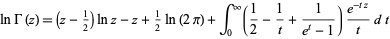  lnGamma(z)=(z-1/2)lnz-z+1/2ln(2pi)+int_0^infty(1/2-1/t+1/(e^t-1))(e^(-tz))/tdt 