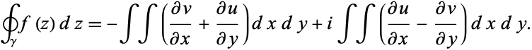  ∮_gammaf(z)dz=-intint((partialv)/(partialx)+(partialu)/(partialy))dxdy+iintint((partialu)/(partialx)-(partialv)/(partialy))dxdy. 