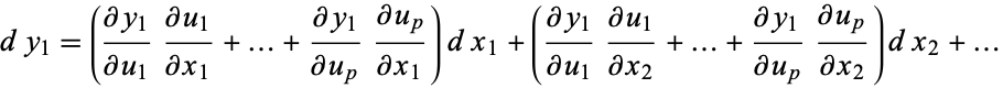  dy_1=((partialy_1)/(partialu_1)(partialu_1)/(partialx_1)+...+(partialy_1)/(partialu_p)(partialu_p)/(partialx_1))dx_1+((partialy_1)/(partialu_1)(partialu_1)/(partialx_2)+...+(partialy_1)/(partialu_p)(partialu_p)/(partialx_2))dx_2+... 