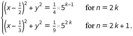  {(x-1/2)^2+y^2=1/45^(k-1)   for n=2k; (x-1/3)^2+y^2=1/95^(2k)   for n=2k+1. 