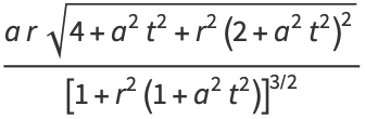 (arsqrt(4+a^2t^2+r^2(2+a^2t^2)^2))/([1+r^2(1+a^2t^2)]^(3/2))