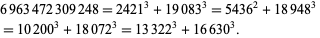  6963472309248 = 2421 ^ 3 + 19083 ^ 3 = 5436 ^ 2 + 18948 ^ 3 = 10200 ^ 3 + 18072 ^ 3 = 13322 ^ 3 + 16630 ^ 3.  