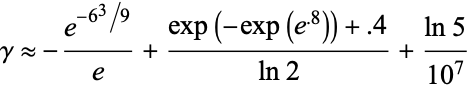  gamma approx -(e^(-6^3/9))/e+(exp(-exp(e^(.8)))+.4)/(ln2)+(ln5)/(10^7) 