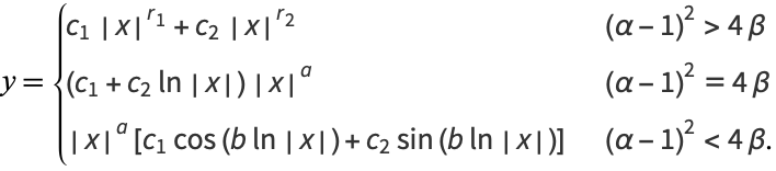  y={c_1|x|^(r_1)+c_2|x|^(r_2)   (alpha-1)^2>4beta; (c_1+c_2ln|x|)|x|^a   (alpha-1)^2=4beta; |x|^a[c_1cos(bln|x|)+c_2sin(bln|x|)]   (alpha-1)^2<4beta. 