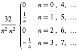 (32)/(pi^2n^2){0 n=0, 4, ...; 1/4 n=1, 5, ...; 0 n=2, 6, ...; -1/4 n=3, 7, ...