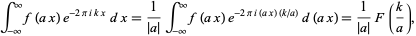  int_(-infty)^inftyf(ax)e^(-2piikx)dx=1/(|a|)int_(-infty)^inftyf(ax)e^(-2pii(ax)(k/a))d(ax)=1/(|a|)F(k/a), 