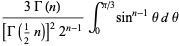 (3Gamma(n))/([Gamma(1/2n)]^22^(n-1))int_0^(pi/3)sin^(n-1)thetadtheta