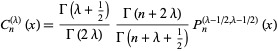  C_n^((lambda))(x)=(Gamma(lambda+1/2))/(Gamma(2lambda))(Gamma(n+2lambda))/(Gamma(n+lambda+1/2))P_n^((lambda-1/2,lambda-1/2))(x) 