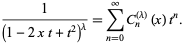  1/((1-2xt+t^2)^lambda)=sum_(n=0)^inftyC_n^((lambda))(x)t^n. 