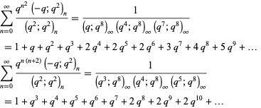  sum_(n=0)^infty(q^(n^2)(-q;q^2)_n)/((q^2;q^2)_n)=1/((q;q^8)_infty(q^4;q^8)_infty(q^7;q^8)_infty) 
 =1+q+q^2+q^3+2q^4+2q^5+2q^6+3q^7+4q^8+5q^9+...  
sum_(n=0)^infty(q^(n(n+2))(-q;q^2)_n)/((q^2;q^2)_n)=1/((q^3;q^8)_infty(q^4;q^8)_infty(q^5;q^8)_infty) 
 =1+q^3+q^4+q^5+q^6+q^7+2q^8+2q^9+2q^(10)+...   