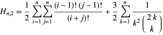  H_(n,2)=1/2sum_(i=1)^nsum_(j=1)^n((i-1)!(j-1)!)/((i+j)!)+3/2sum_(k=1)^n1/(k^2(2k; k)) 