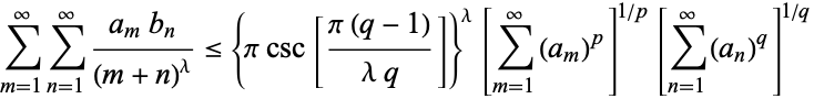  sum_(m=1)^inftysum_(n=1)^infty(a_mb_n)/((m+n)^lambda)<={picsc[(pi(q-1))/(lambdaq)]}^lambda[sum_(m=1)^infty(a_m)^p]^(1/p)[sum_(n=1)^infty(a_n)^q]^(1/q) 