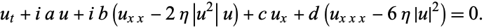  u_t+iau+ib(u_(xx)-2eta|u^2|u)+cu_x+d(u_(xxx)-6eta|u|^2)=0. 