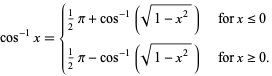  cos^(-1)x={1/2pi+cos^(-1)(sqrt(1-x^2))   for x<=0; 1/2pi-cos^(-1)(sqrt(1-x^2))   for x>=0. 