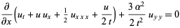  partial/(partialx)(u_t+uu_x+1/2u_(xxx)+u/(2t))+(3alpha^2)/(2t^2)u_(yy)=0 