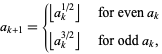  a_(k+1)={|_a_k^(1/2)_|   for even a_k; |_a_k^(3/2)_|   for odd a_k, 
