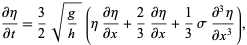  (partialeta)/(partialt)=3/2sqrt(g/h)(eta(partialeta)/(partialx)+2/3(partialeta)/(partialx)+1/3sigma(partial^3eta)/(partialx^3)), 
