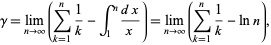  gamma=lim_(n->infty)(sum_(k=1)^n1/k-int_1^n(dx)/x)=lim_(n->infty)(sum_(k=1)^n1/k-lnn), 