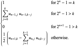 {1 for 2^n-1=k; sum_(j=0)^(k)u_(n-1,j)u_(n-1,k-j) for 2^n-1>k; 0 for 2^(n+1)-1>k; 1/2(u_(n+1,k)-sum_(j=1)^(k-1)u_(n,j)u_(n,k-j)) otherwise.