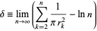  delta=lim_(n->infty)(sum_(k=2)^n1/(pir_k^2)-lnn) 