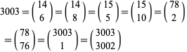  3003 = (14; 6) = (14; 8) = (15; 5) = (15; 10) = (78; 2) = (78; 76) = (3003; 1) = (3003; 3002)   