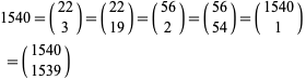  1540 = (22, 3) = (22; 19) = (56; 2) = (56; 54) = (1540; 1) = (1540; 1 539)   