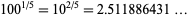  100^(1/5)=10^(2/5)=2.511886431... 