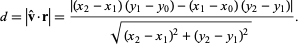  d=|v^^·r|=(|(x_2-x_1)(y_1-y_0)-(x_1-x_0)(y_2-y_1)|)/(sqrt((x_2-x_1)^2+(y_2-y_1)^2)). 