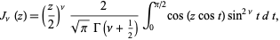  J_nu(z)=(z/2)^nu2/(sqrt(pi)Gamma(nu+1/2))int_0^(pi/2)cos(zcost)sin^(2nu)tdt, 