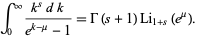  int_0^infty(k^sdk)/(e^(k-mu)-1)=Gamma(s+1)Li_(1+s)(e^mu). 