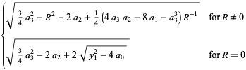 {sqrt(3/4a_3^2-R^2-2a_2+1/4(4a_3a_2-8a_1-a_3^3)R^(-1)) for R!=0; sqrt(3/4a_3^2-2a_2+2sqrt(y_1^2-4a_0)) for R=0