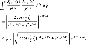  int_(-infty)^infty(J_(mu+xi)(x))/(x^(mu+xi))(J_(nu-xi)(y))/(y^(nu-xi))e^(itxi)dxi 
 =[(2cos(1/2t))/(x^2e^(-it/2)+y^2e^(it/2))]^((mu+nu)/2)
 ×J_(mu+nu)[sqrt(2cos(1/2t)(x^2e^(-it/2)+y^2e^(it/2)))]e^(it(nu-mu)/2), 