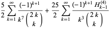 5/2sum_(k=1)^(infty)((-1)^(k+1))/(k^7(2k; k))+(25)/2sum_(k=1)^(infty)((-1)^(k+1)H_(k-1)^((4)))/(k^3(2k; k))