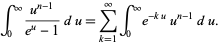  int_0^infty(u^(n-1))/(e^u-1)du=sum_(k=1)^inftyint_0^inftye^(-ku)u^(n-1)du. 