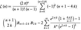 zeta(n)=((2pi)^n)/((n+1)!(n-1))sum_(k=0)^((n+1)/4)(-1)^k(n+1-4k)(n+1; 2k)B_(n+1-2k)B_(2k)-2sum_(k=1)^infty(e^(2pik)(1+(4pik)/(n-1))-1)/(k^n(e^(2pik)-1)^2) 