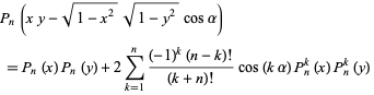  P_n(xy-sqrt(1-x^2)sqrt(1-y^2)cosalpha) 
 =P_n(x)P_n(y)+2sum_(k=1)^n((-1)^k(n-k)!)/((k+n)!)cos(kalpha)P_n^k(x)P_n^k(y)  