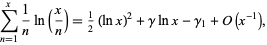  sum_(n=1)^x1/nln(x/n)=1/2(lnx)^2+gammalnx-gamma_1+O(x^(-1)), 