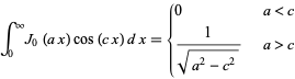  int_0^inftyJ_0(ax)cos(cx)dx={0   a<c; 1/(sqrt(a^2-c^2))   a>c 