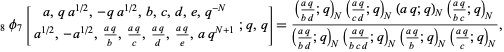  _8phi_7[a,qa^(1/2),-qa^(1/2),b,c,d,e,q^(-N); a^(1/2),-a^(1/2),(aq)/b,(aq)/c,(aq)/d,(aq)/e,aq^(N+1);q,q]=(((aq)/(bd);q)_N((aq)/(cd);q)_N(aq;q)_N((aq)/(bc);q)_N)/(((aq)/(bd);q)_N((aq)/(bcd);q)_N((aq)/b;q)_N((aq)/c;q)_N), 