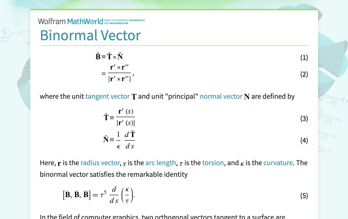 Binormal Vector From Wolfram Mathworld