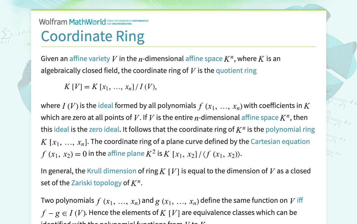 Coordinate Ring From Wolfram Mathworld