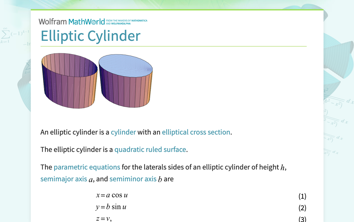 Elliptic Cylinder From Wolfram Mathworld