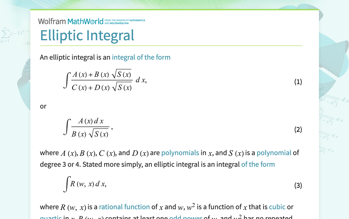 Elliptic Integral From Wolfram MathWorld