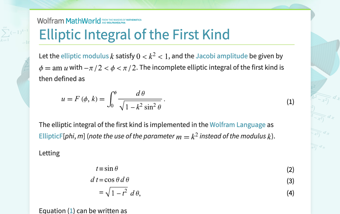 Elliptic Integral Of The First Kind From Wolfram Mathworld