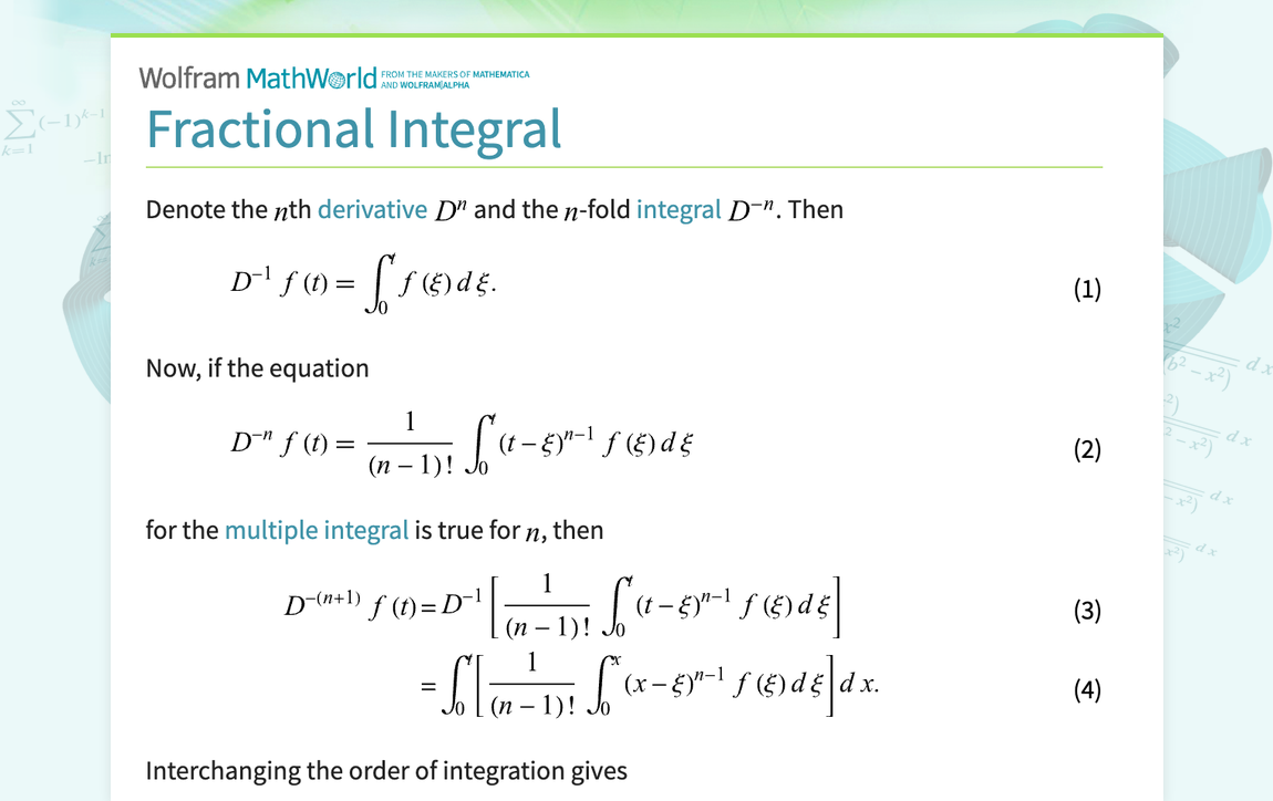 Fractional Integral From Wolfram Mathworld