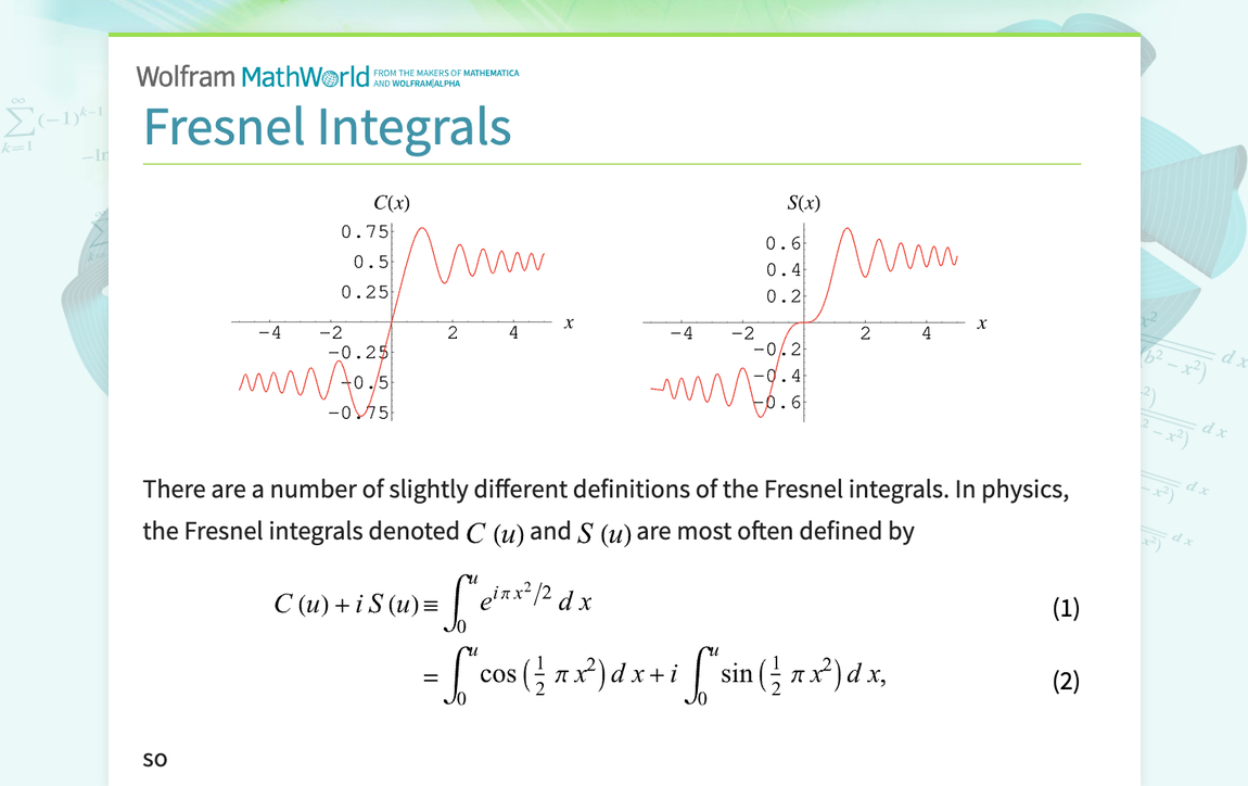 Fresnel Integrals From Wolfram MathWorld