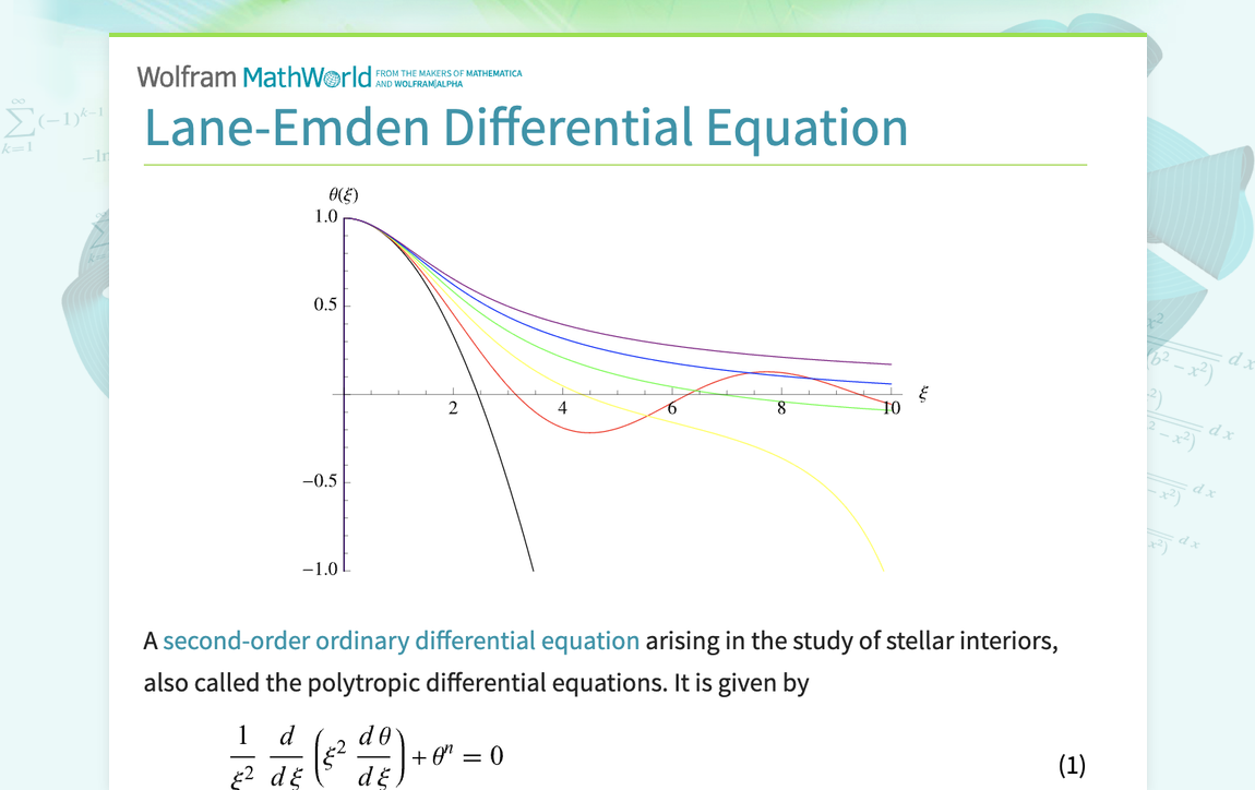 Lane Emden Differential Equation From Wolfram Mathworld